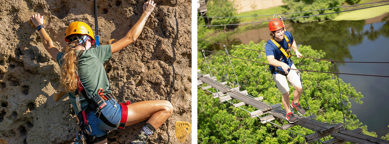 Girl rock climbing (left) and boy going across cable bridge (right)